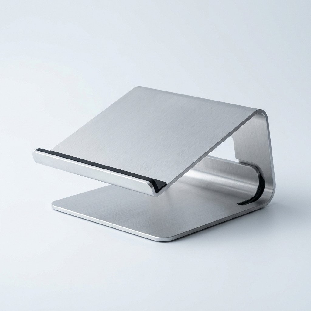 Laptop Stand, Machined Aluminium - Single-piece stand with a cable channel.