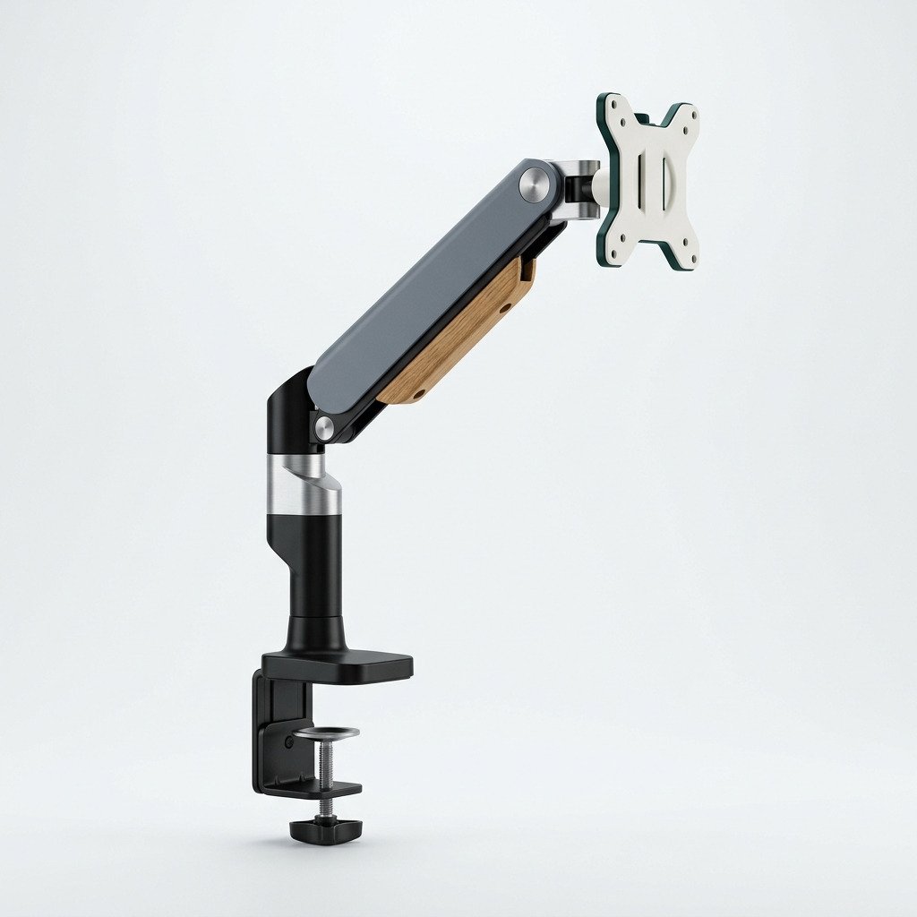 Monitor Arm, Single - Gas-spring arm with a desk clamp and grommet.