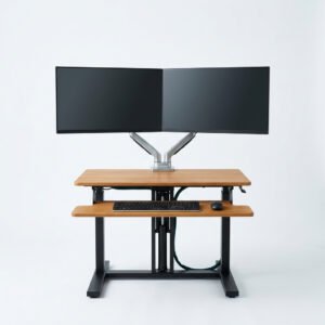 Sit-Stand Converter, Dual Monitor - Gas-assisted converter with a keyboard deck.