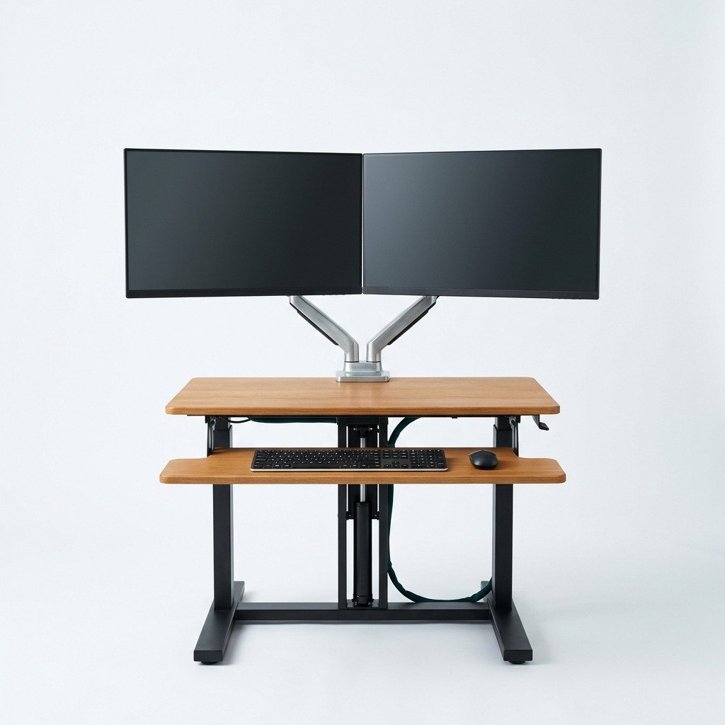 Sit-Stand Converter, Dual Monitor - Gas-assisted converter with a keyboard deck.